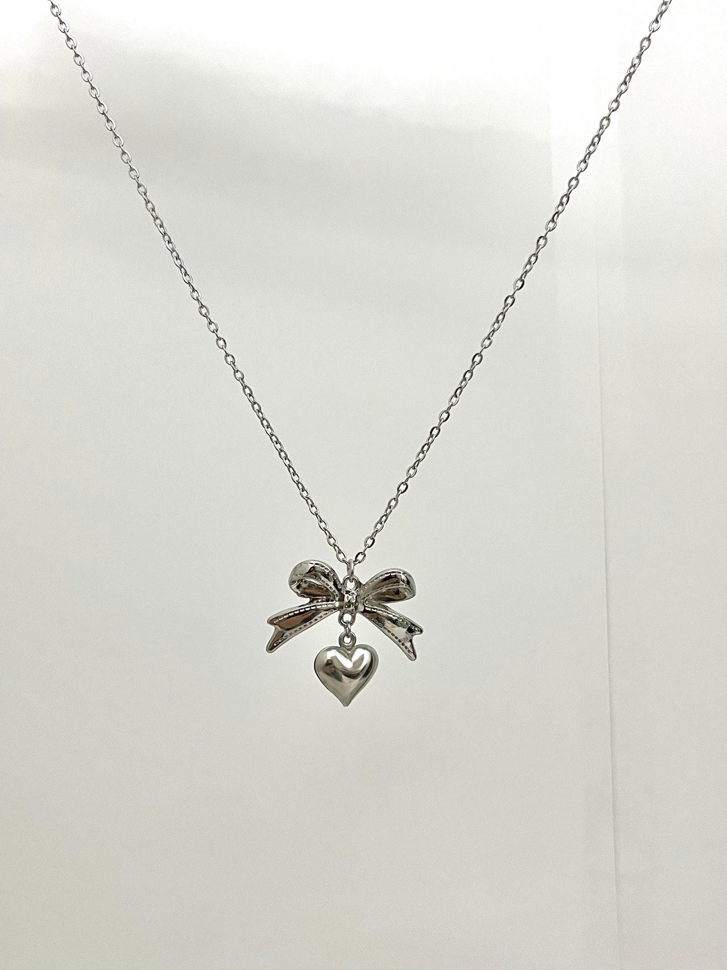 Silver Bow with Heart Necklace