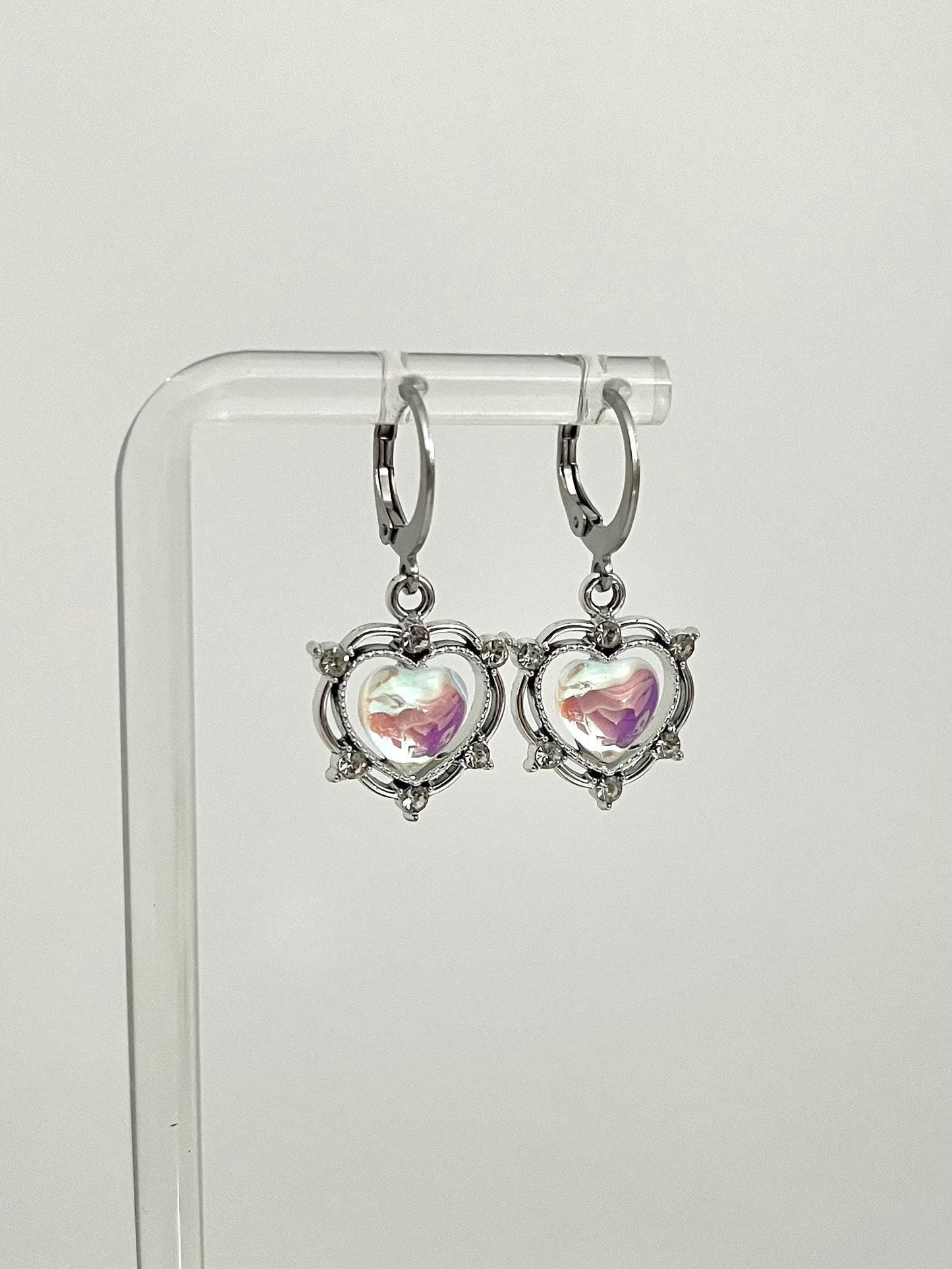 Silver Iridescent Heart Earrings