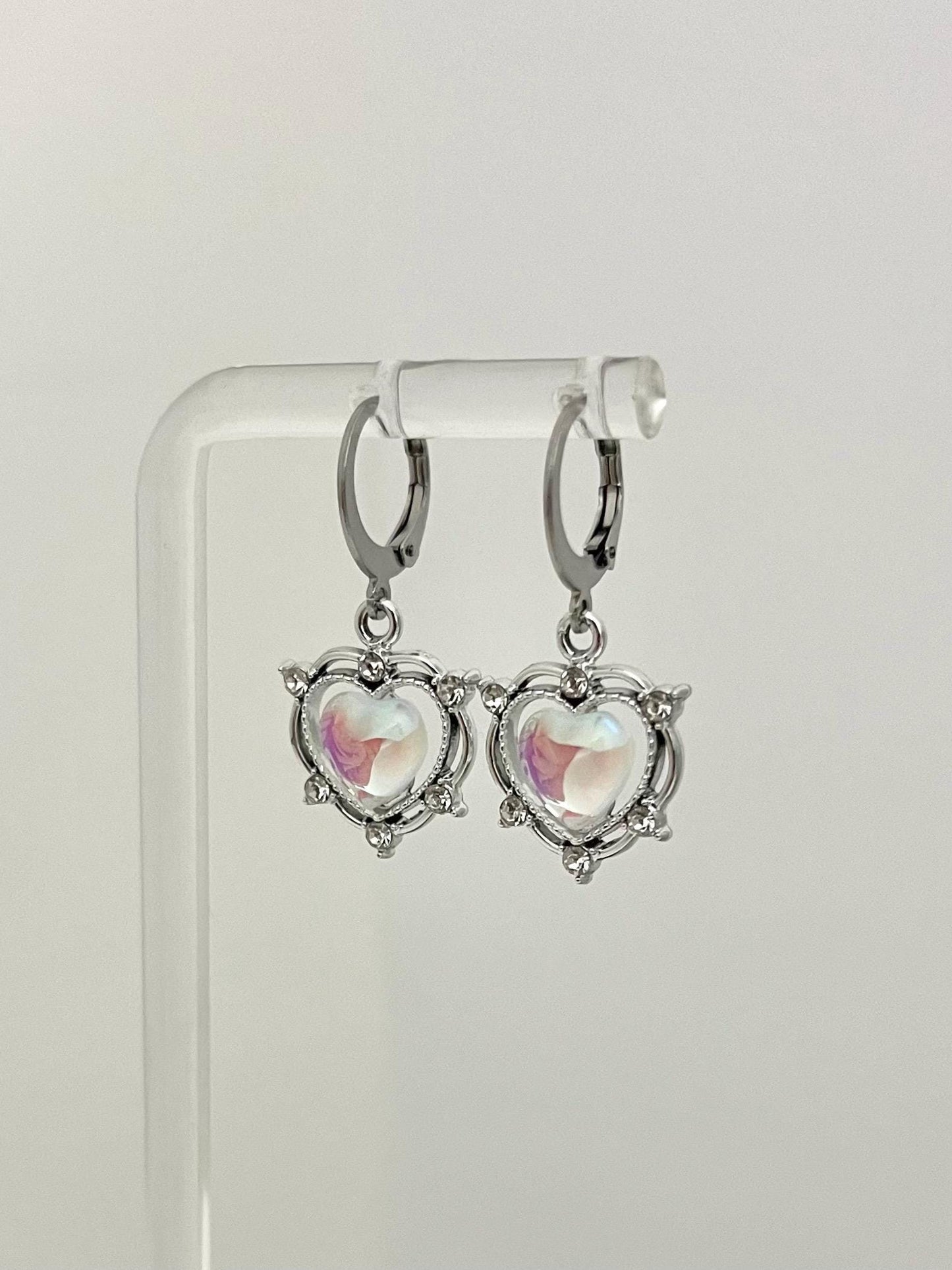 Silver Iridescent Heart Earrings