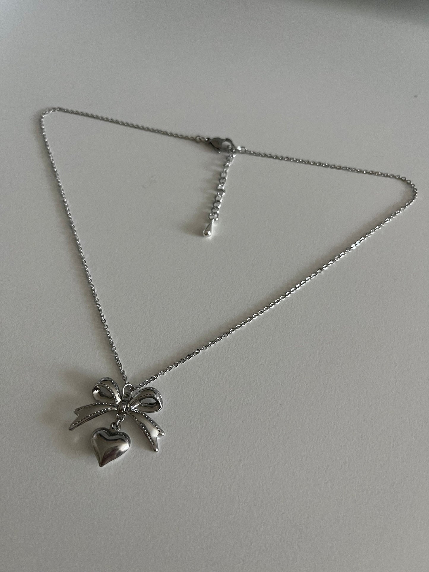 Silver Bow with Heart Necklace