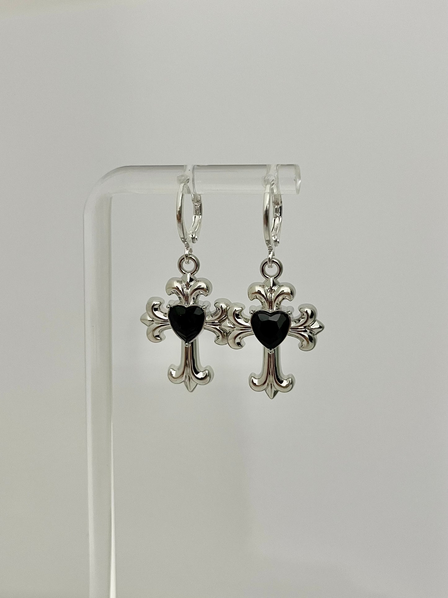 SILVER & BLACK CROSS EARRINGS