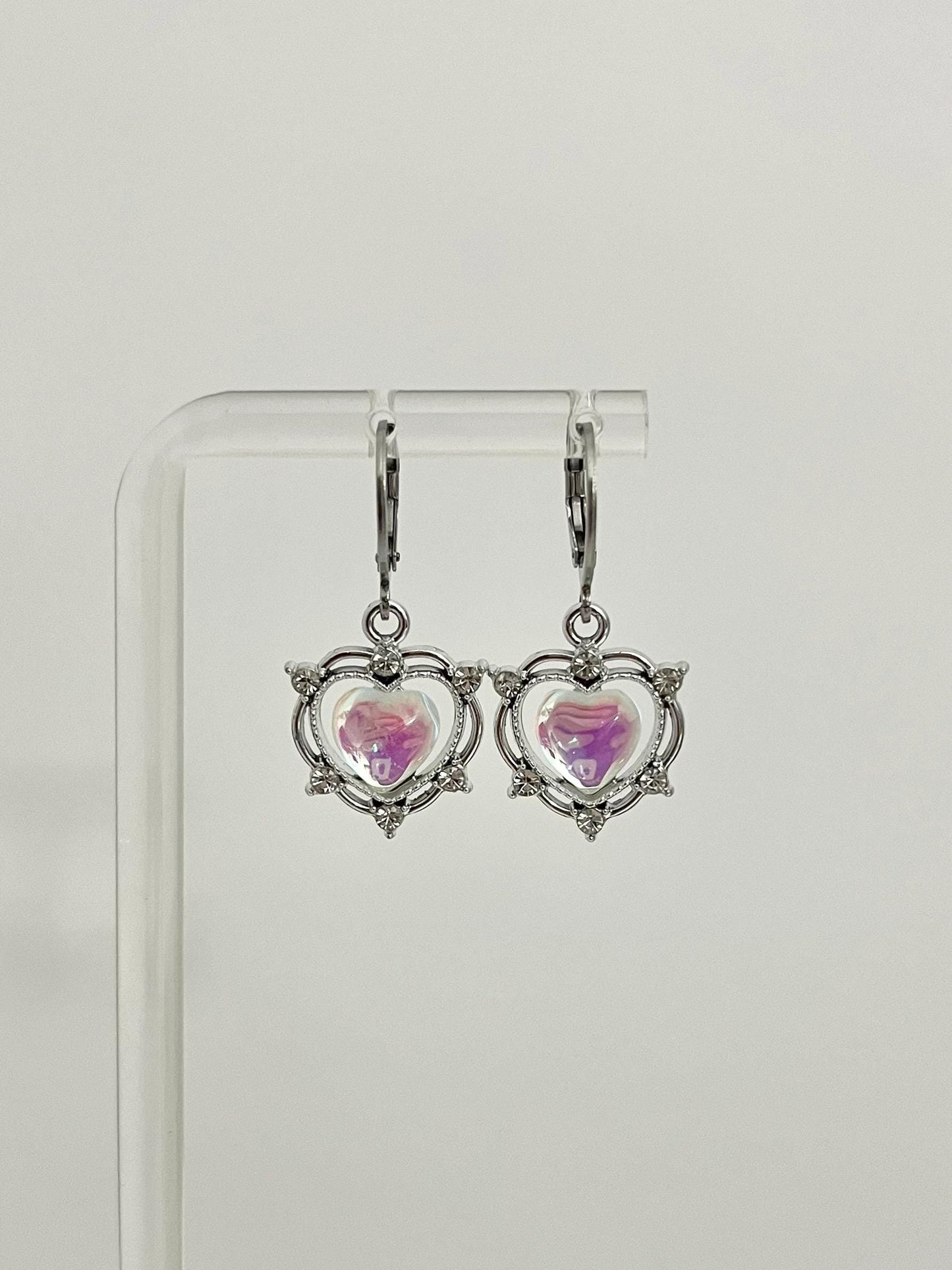 Silver Iridescent Heart Earrings