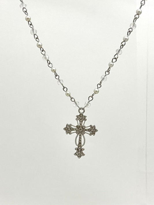 CRYSTAL & PEARL CROSS NECKLACE