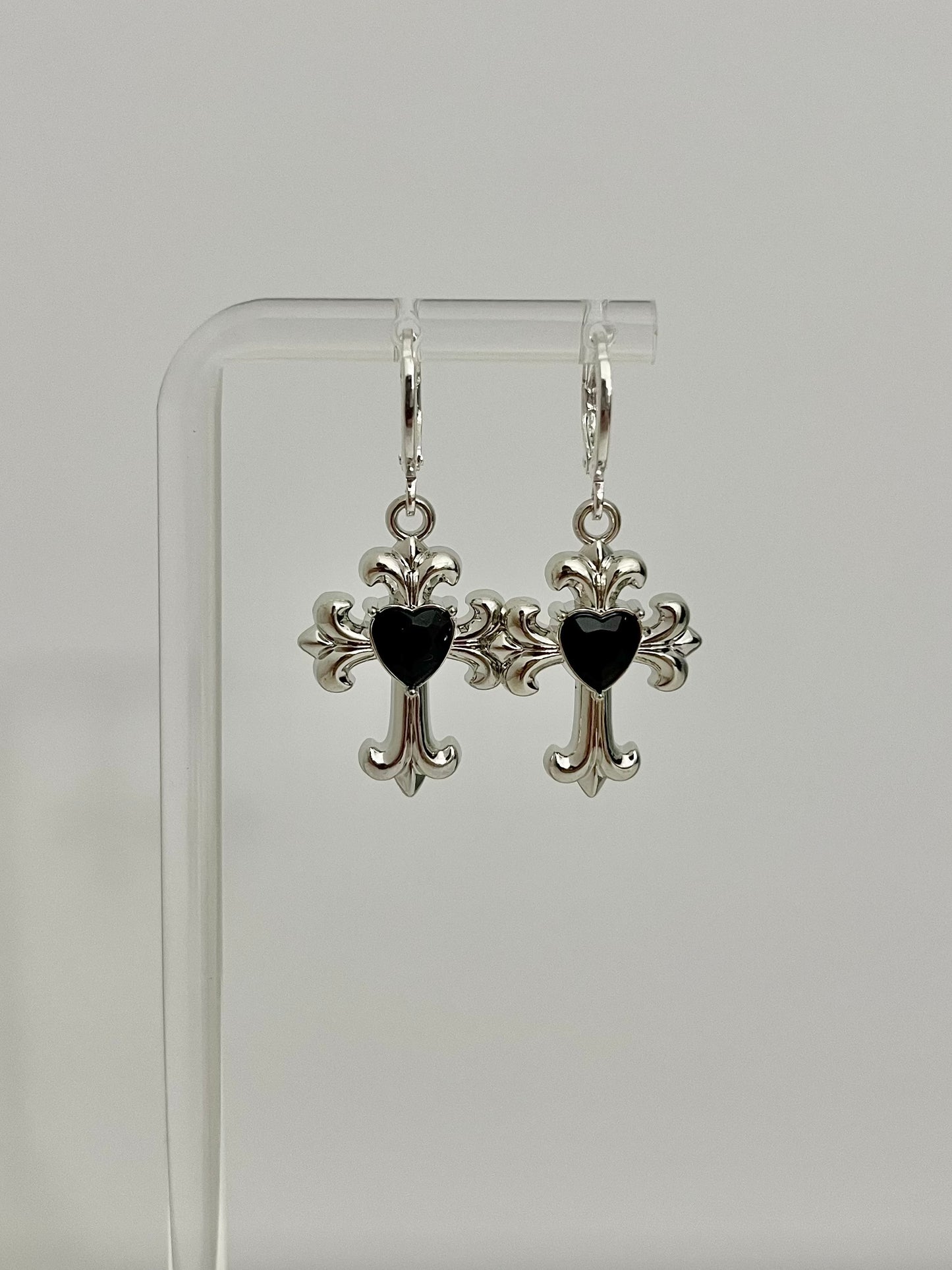 SILVER & BLACK CROSS EARRINGS