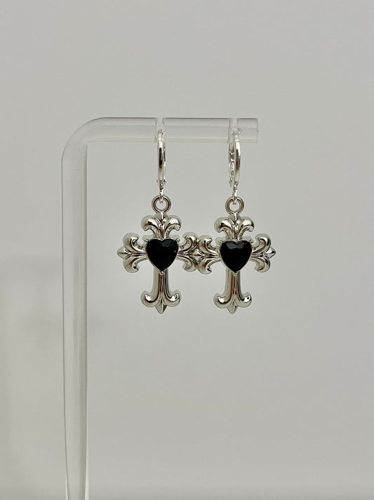 SILVER & BLACK CROSS EARRINGS