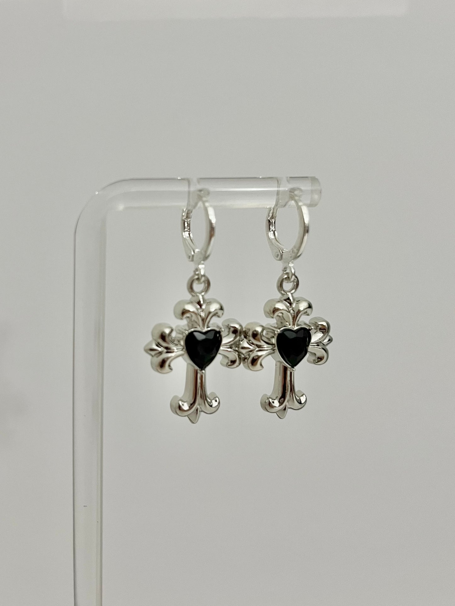 SILVER & BLACK CROSS EARRINGS