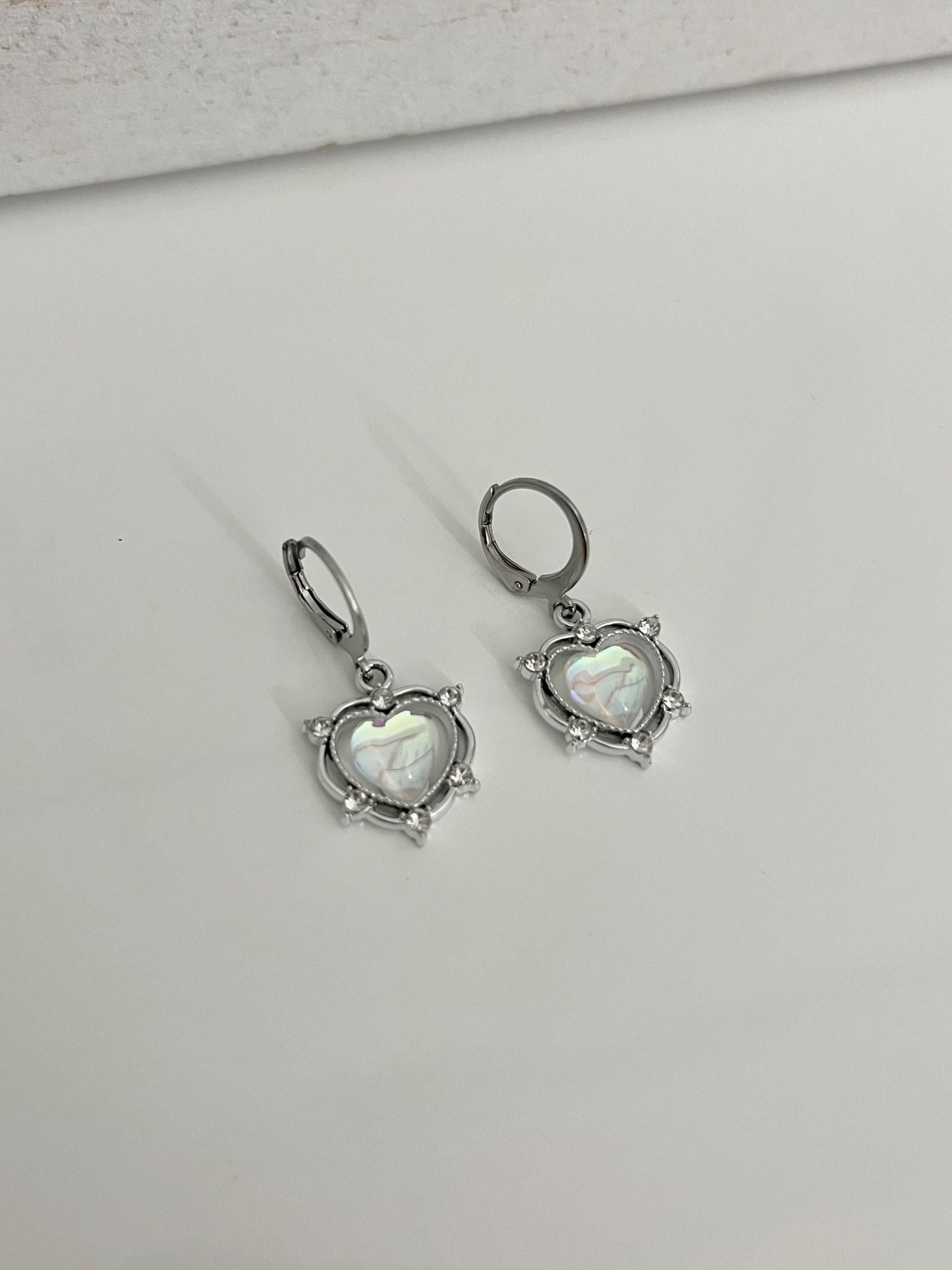Silver Iridescent Heart Earrings