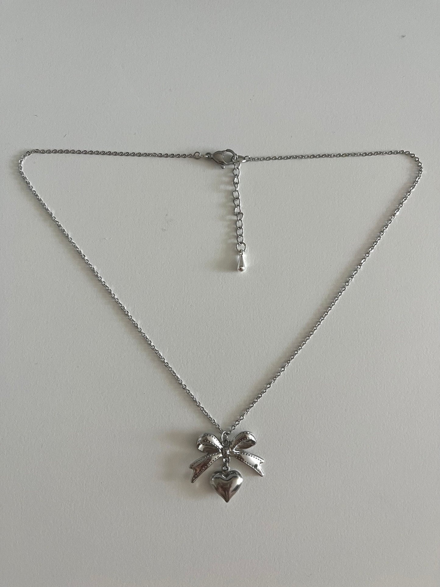Silver Bow with Heart Necklace | Simple Coquette Necklace