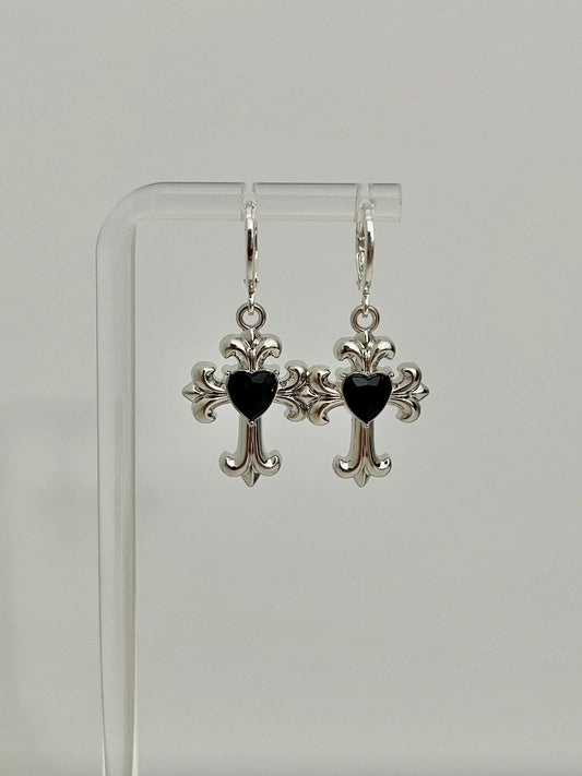 Handmade Silver Cross Earrings | Black Crystal Accent