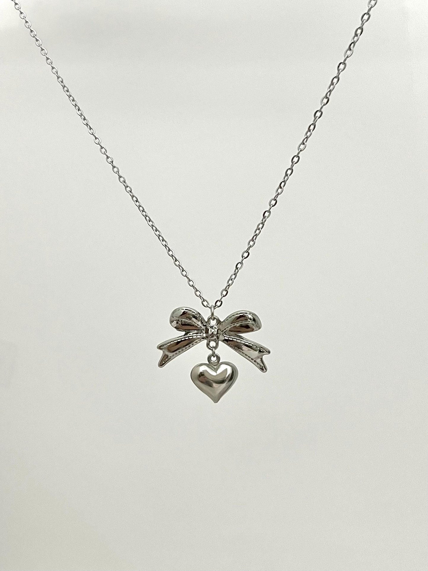 Silver Bow with Heart Necklace | Simple Coquette Necklace