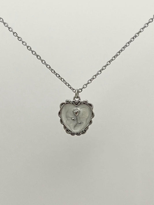 White Heart with Rose Necklace | Stainless Steel Jewelry