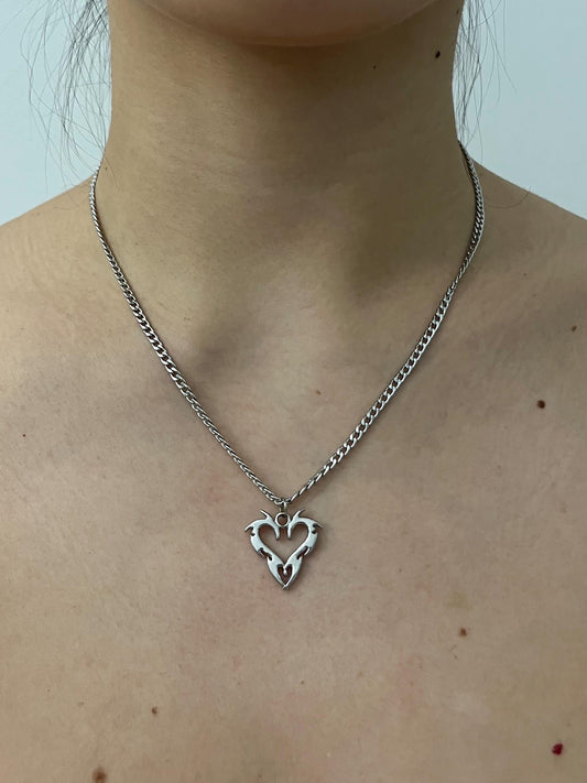 Silver Fire Heart Necklace, Stainless Steel